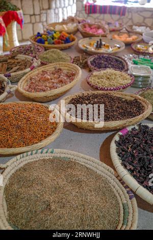 Marrakech, Morocco - Feb 22, 2023: Dried flowers and spices on a stall in Marrakech Stock Photo