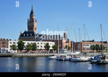 Dunkerque, France, Marina Port du Commerce and the tower of the cityhall Stock Photo