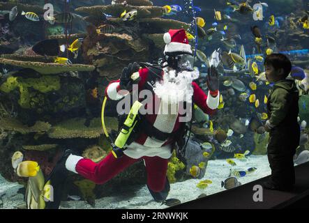 (171223) -- TORONTO, Dec. 23, 2017 -- A diver dressed as Santa Claus waves to a boy as he performs in a tank with fish during a holiday show at Ripley s Aquarium of Canada in Toronto, Canada, Dec. 23, 2017. ) CANADA-TORONTO-AQUARIUM-SANTA CLAUS ZouxZheng PUBLICATIONxNOTxINxCHN Stock Photo