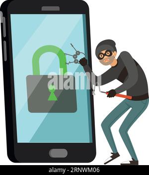 Hacker breaking locked smartphone. Cyber crime concept Stock Vector