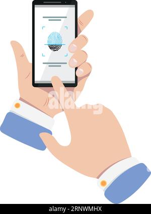 Finger scan app on phone screen in human hands Stock Vector