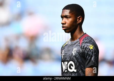 Yaser Asprilla (18 Watford) warm-up during the Sky Bet Championship match between Coventry City and Watford at the Coventry Building Society Arena, Coventry on Saturday 2nd September 2023. (Photo: Kevin Hodgson | MI News) Credit: MI News & Sport /Alamy Live News Stock Photo
