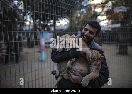 (171226) -- GAZA, Dec. 26, 2017 -- Ahmad Joma a, a zoo owner holds two-month-old lion cubs at a zoo in the southern Gaza Strip city of Rafah, on Dec. 25, 2017. The Palestinian zoo owner Joma a, has put three lion cubs for sale, fearing he won t be able to afford to feed them as they grow. )(axy) MIDEAST-GAZA-LION-CUBS WissamxNassar PUBLICATIONxNOTxINxCHN Stock Photo