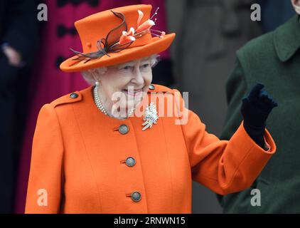 (171226) -- SANDRINGHAM (BRITAIN), Dec. 26, 2017 -- Queen Elizabeth II attends Christmas Day Church service at Church of St Mary Magdalene in Sandringham, Britain, on Dec. 25, 2017. - - BRITAIN-SANDRINGHAM-ROYAL-CHRISTMAS DAY CHURCH SERVICE UKxOUT PUBLICATIONxNOTxINxCHN Stock Photo