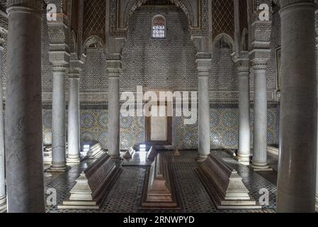 Marrakech, Morocco - Feb 8, 2023: The Chamber of the twelve columns at the Saadian tombs, Marrakech Stock Photo