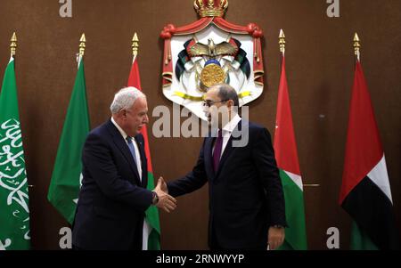 (180106) -- AMMAN, Jan. 6, 2018 -- Jordanian Foreign Minister Ayman Safadi (R) shakes hands with his Palestinian counterpart Riyad al-Malki during a meeting on Jerusalem in Amman, Jordan, on Jan. 6, 2018. King Abdullah II of Jordan on Saturday called for intensified Arab efforts to support the Palestinians following a decision by U.S. President Donald Trump recognizing Jerusalem as the capital of Israel, the state-run Petra news agency reported. In a press conference following a meeting of Arab foreign ministers in Amman, Jordanian Minister of Foreign Affairs Ayman Safadi reiterated the Arabs Stock Photo