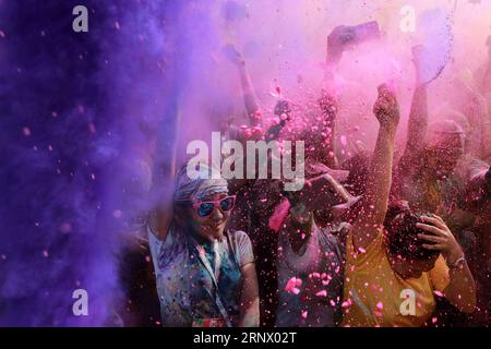 (180107) -- PASAY CITY, Jan. 7, 2018 -- Runners throw various colored powder in the air during the 2018 Color Manila Run in Pasay City, the Philippines, Jan. 7, 2018. Thousands of people participated in the fun run aiming to promote a healthier lifestyle. )(zcc) PHILIPPINES-PASAY CITY-2018 COLOR MANILA RUN RouellexUmali PUBLICATIONxNOTxINxCHN Stock Photo