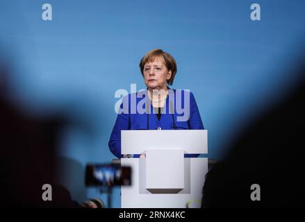 (180112) -- BERLIN, Jan. 12, 2018 -- German Chancellor and leader of German Christian Democratic Union (CDU) Angela Merkel attends a joint press conference after coalition talks at the headquarters of SPD, in Berlin, Germany, on Jan. 12, 2018. German Chancellor Angela Merkel s conservatives and the Social Democrats (SPD) on Friday achieved a breakthrough in their exploratory talks aimed at forming a new coalition government, local media reported. )(srb) GERMANY-BERLIN-COALITION TALKS-BREAKTHROUGH ShanxYuqi PUBLICATIONxNOTxINxCHN Stock Photo