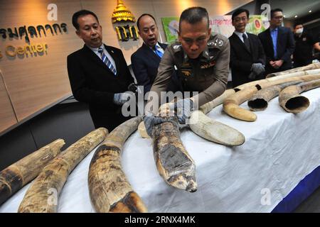 (180112) -- BANGKOK, Jan. 12, 2018 -- Thai customs and police officers display confiscated African elephant tusks at the Customs Department in Bangkok, Thailand, Jan. 12, 2018. Thai authorities have seized 34 pieces of smuggled ivory, weighing about 148 kilograms with an estimated value of 15 million Thai baht (about 3.03 million RMB). )(zf) THAILAND-BANGKOK-IVORY-ELEPHANT-TUSK-SEIZURE RachenxSageamsak PUBLICATIONxNOTxINxCHN Stock Photo