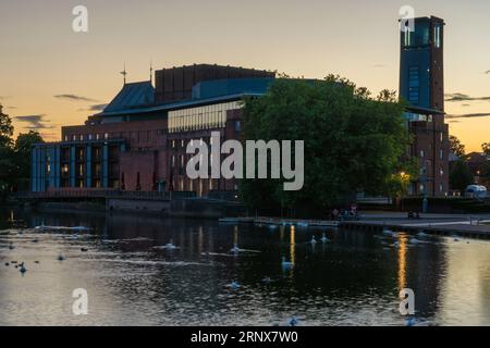 View of the Royal Shakespeare Theatre, a famous landmark along the River Avon during sunset on September 24, 2021 in Stratford-Upon-Avon, United Kingd Stock Photo