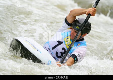 2nd September 2023;  Canal Olimpic de Segre, La Seu d'Urgell, Spain: ICF Canoe Slalom World Cup, Final Men's Kayak, Miquel Trave (ESP) Stock Photo