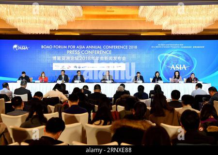 (180125) -- BEIJING, Jan. 25, 2018 -- Boao Forum for Asia (BFA) Secretariat holds a press conference in Beijing, capital of China, Jan. 25, 2018. Scheduled for April 8 to 11, this year s annual meeting of BFA will highlight themes of reform, opening up and innovation, organizers said Thursday. )(mcg) CHINA-BEIJING-BFA-PRESS CONFERENCE (CN) LixXin PUBLICATIONxNOTxINxCHN Stock Photo