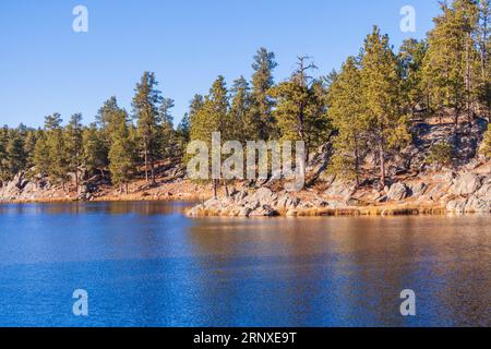 Sylvan Lake in Custer State Park near Rapid City, South Dakota. This park covers 71,000 acres of protected terrain in the Black Hills National Forest. Stock Photo