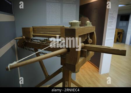 (180125) -- ATHENS, Jan. 25, 2018 -- Photo taken on Jan. 18, 2018 shows a replica of the repeating catapult of Dionysis of Alexandria at the Museum of Ancient Greek Technology in Athens, Greece. The Museum of Ancient Greek Technology, a new museum dedicated to the impressive technological achievements of ancient Greeks, has opened its doors to the public in Athens this January. It is the first and only of its kind in Greece, offering locals and foreigners insight into pioneering inventions which have laid the foundations to modern technology. ) GREECE-ATHENS-MUSEUM-ANCIENT GREEK TECHNOLOGY Lef Stock Photo