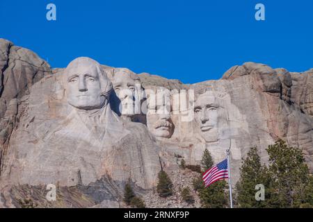 Mount Rushmore National Memorial in South Dakota, a famous patriotic symbol since it was complete in 1941. Sculptures of Presidents carved in granite. Stock Photo