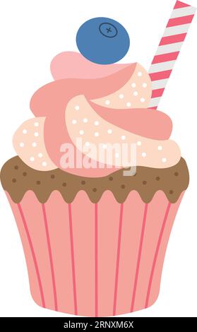 Blueberry cupcake with cream swirl. Sweet holiday bakery Stock Vector