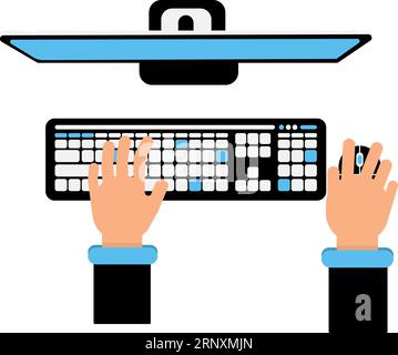 Workplace top view. Human hands on computer keyboard Stock Vector