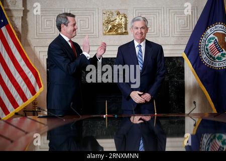 (180205) -- WASHINGTON, Feb. 5, 2018 -- Jerome Powell (R) takes the oath of office as Chairman of the U.S. Federal Reserve, succeeding Janet Yellen, in Washington, the United States. on Feb 5, 2018. ) (zf) U.S.-WASHINGTON-FEDERAL RESERVE-CHAIRMAN-JEROME POWELL TingxShen PUBLICATIONxNOTxINxCHN Stock Photo
