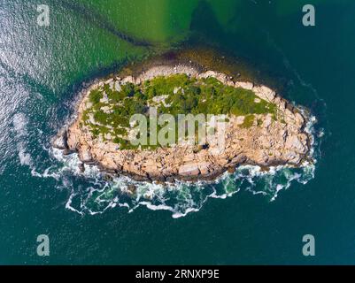 Good Harbor Beach and Salt Island aerial view in summer in Gloucester, Cape Ann, Massachusetts MA, USA. Stock Photo