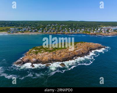 Good Harbor Beach and Salt Island aerial view in summer in Gloucester, Cape Ann, Massachusetts MA, USA. Stock Photo