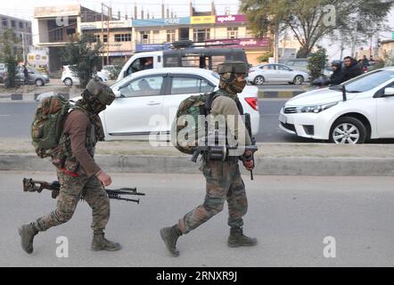 (180210) -- JAMMU, Feb. 10, 2018 () -- Indian soldiers arrive at the site of an attack on a military camp at Sunjawan in Jammu, the winter capital city of Indian-controlled Kashmir, on Feb. 10, 2018. At least two Junior Commissioned Officers (JCO) were killed and four others including daughter of a slain officer were wounded Saturday in a militant attack on a highly guarded military camp in restive Indian-controlled Kashmir, police said. () (nxl) KASHMIR-JAMMU-MILITARY CAMP-ATTACK Xinhua PUBLICATIONxNOTxINxCHN Stock Photo