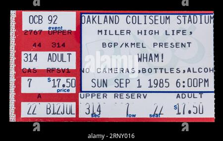 Oakland, California - September 1, 1985 - Old used ticket stub for Wham! concert at Oakland Coliseum Stadium Stock Photo