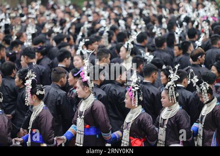 (180219) -- QIANDONGNAN, Feb. 19, 2018 -- People of Dong ethnic group attend Duoye, a traditional celebrating activity, in Congjiang County, southwest China s Guizhou Province, Feb. 19, 2018. Duoye is a traditional celebration of Dong ethnic group, during which people gather around in a circle to sing for praying. ) (zkr) CHINA-QIANDONGNAN-SPRING FESTIVAL-CELEBRATION(CN) ZhangxQi PUBLICATIONxNOTxINxCHN Stock Photo