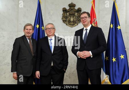 (180226) -- BELGRADE, Feb. 26, 2018 -- Serbian President Aleksandar Vucic (R) poses for a photo with European Commission President Jean-Claude Juncker (C) and EU Commissioner for European Neighborhood Policy and Enlargement Negotiations Johannes Hahn in Belgrade, Serbia on Feb. 26, 2018. The European Union is keen to receive Serbia and other Western Balkans countries as members when they meet preconditions, Juncker told Serbian president Aleksandar Vucic on Monday. ) SERBIA-BELGRADE-EU-JUNCKER-HAHN-VISIT PredragxMilosavljevic PUBLICATIONxNOTxINxCHN Stock Photo