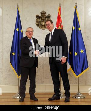 (180226) -- BELGRADE, Feb. 26, 2018 -- Serbian President Aleksandar Vucic (R) shakes hands with European Commission President Jean-Claude Juncker in Belgrade, Serbia on Feb. 26, 2018. The European Union is keen to receive Serbia and other Western Balkans countries as members when they meet preconditions, Juncker told Serbian president Aleksandar Vucic on Monday. ) SERBIA-BELGRADE-EU-JUNCKER-HAHN-VISIT PredragxMilosavljevic PUBLICATIONxNOTxINxCHN Stock Photo