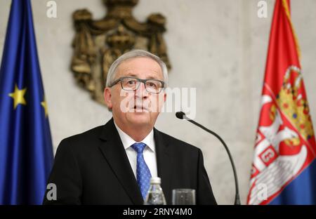 (180226) -- BELGRADE, Feb. 26, 2018 -- European Commission President Jean-Claude Juncker speaks during a press conference with Serbian President Aleksandar Vucic (not seen in the picture) in Belgrade, Serbia on Feb. 26, 2018. The European Union is keen to receive Serbia and other Western Balkans countries as members when they meet preconditions, Juncker told Serbian president Aleksandar Vucic on Monday. ) SERBIA-BELGRADE-EU-JUNCKER-HAHN-VISIT PredragxMilosavljevic PUBLICATIONxNOTxINxCHN Stock Photo