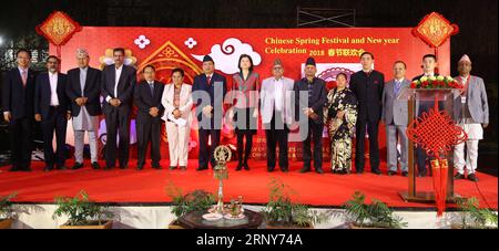 (180302) -- KATHMANDU, March 2, 2018 -- Nepali Vice President Nanda Bahadur Pun (7th L) and Chinese Ambassador to Nepal Yu Hong (8th L) pose for photos during a special event to celebrate the Chinese Lantern Festival in Kathmandu, Nepal, on March 2, 2018. ) NEPAL-KATHMANDU-CHINESE LANTERN FESTIVAL-CELEBRATION SunilxSharma PUBLICATIONxNOTxINxCHN Stock Photo