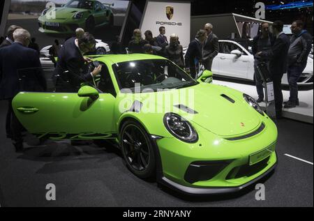 (180307) -- GENEVA, March 7, 2018 -- Photo taken on March 7, 2018 shows the Porsche 911 GTS RS at the 88th Geneva International Motor Show in Geneva, Switzerland. The Motor Show, which attracts more than 180 exhibitors from the world, will open to the public from March 8 to 18, 2018. )(zf) SWITZERLAND-GENEVA-MOTOR SHOW XuxJinquan PUBLICATIONxNOTxINxCHN Stock Photo