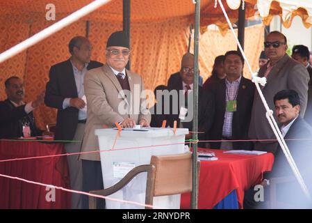 (180313) -- KATHMANDU, March 13, 2018 -- Nepal s former Prime Minister Pushpa Kamal Dahal casts his vote to elect President in Kathmandu, Nepal, March 13, 2018. Bidya Devi Bhandari was re-elected as the president of Nepal for a second term through a parliament vote on Tuesday. ) (zjl) NEPAL-KATHMANDU-PRESIDENTIAL ELECTION SunilxSharma PUBLICATIONxNOTxINxCHN Stock Photo