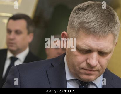 (180314) -- BRATISLAVA, March 14, 2018 -- Slovak Prime Minister Robert Fico (Front) attends a press conference in Bratislava, Slovakia, on March 14, 2018. Slovak Prime Minister Robert Fico said Wednesday that he was ready to resign in the wake of the murder of a journalist and his fiancee, provided that no early polls are called. TASR/) SLOVAKIA-BRATISLAVA-PM-RESIGNATION-READINESS MartinxBaumann PUBLICATIONxNOTxINxCHN Stock Photo