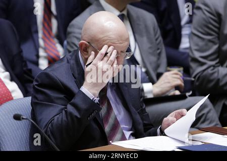 (180314) -- UNITED NATIONS, March 14, 2018 -- Russian Ambassador to the United Nations Vassily Nebenzia (Front) attends a Security Council emergency meeting regarding accusations of the use of a nerve agent in the United Kingdom at the United Nations headquarters in New York, on March 14, 2018. Russian Ambassador to the United Nations Vassily Nebenzia said Wednesday that Britain s allegations that Moscow was responsible for a nerve attack were completely unacceptable. ) UN-SECURITY COUNCIL-EMERGENCY MEETING-NERVE AGENT ATTACK-ACCUSATIONS LixMuzi PUBLICATIONxNOTxINxCHN Stock Photo