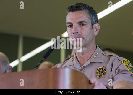 (180316) -- MIAMI, March 16, 2018 -- Miami-Dade County Police Director Juan Perez attends a press conference after a deadly pedestrian footbridge collapse in Miami, Florida, United States, on March 15, 2018. A pedestrian footbridge near Florida International University (FIU) collapsed Thursday afternoon, causing several fatalities, local authorities said. ) (srb) U.S.-MIAMI-PEDESTRIAN FOOTBRIDGE-COLLAPSE-PRESS CONFERENCE MonicaxMcGivern PUBLICATIONxNOTxINxCHN Stock Photo