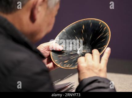 (180316) -- NEW YORK, March 16, 2018 -- A visitor looks at a Ding russet-splashed black-glazed conical bowl during the public viewing of Christie s Asian Art Week in New York, the United States, on March 16, 2018. Christie s on Friday kicked off its Asian Art Week, a series of auctions, viewings, and events, from March 16 to March 23. This season presents six distinct auctions including Fine Chinese Ceramics and Works of Art, South Asian Modern + Contemporary Art, etc. ) U.S.-NEW YORK-CHRISTIE S-ASIAN ART WEEK WangxYing PUBLICATIONxNOTxINxCHN Stock Photo