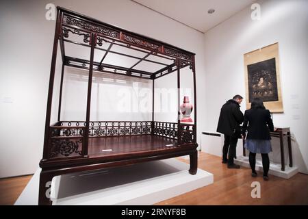 (180316) -- NEW YORK, March 16, 2018 -- A Huanghuali six-poster canopy bed, Jiazichuang, is seen during the public viewing of Christie s Asian Art Week in New York, the United States, on March 16, 2018. Christie s on Friday kicked off its Asian Art Week, a series of auctions, viewings, and events, from March 16 to March 23. This season presents six distinct auctions including Fine Chinese Ceramics and Works of Art, South Asian Modern + Contemporary Art, etc. ) U.S.-NEW YORK-CHRISTIE S-ASIAN ART WEEK WangxYing PUBLICATIONxNOTxINxCHN Stock Photo