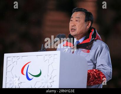 (180318) -- PYEONGCHANG, March 18, 2018 -- Lee Hee-beom, president of the PyeongChang 2018 Winter Olympic Games organizing committee, delivers a speech during the closing ceremony of the 2018 PyeongChang Winter Paralympic Games at PyeongChang Olympic Stadium, South Korea, March 18, 2018. ) (SP)OLY-PARALYMPIC-SOUTH KOREA-PYEONGCHANG-CLOSING CEREMONY WangxJingqiang PUBLICATIONxNOTxINxCHN Stock Photo