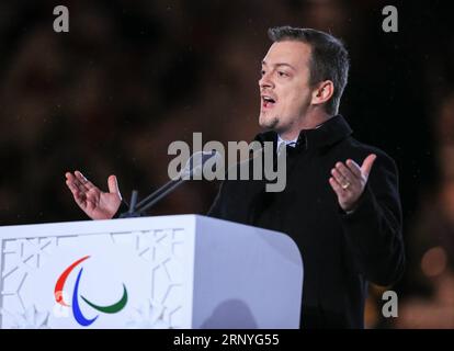 (180318) -- PYEONGCHANG, March 18, 2018 -- Andrew Parsons, president of the International Paralympic Committee, delievers a speech during the closing ceremony of the 2018 PyeongChang Winter Paralympic Games at PyeongChang Olympic Stadium, South Korea, March 18, 2018. ) (SP)OLY-PARALYMPIC-SOUTH KOREA-PYEONGCHANG-CLOSING CEREMONY WangxJingqiang PUBLICATIONxNOTxINxCHN Stock Photo