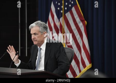 (180321) -- WASHINGTON, March 21, 2018 -- U.S. Federal Reserve Chair Jerome Powell speaks during a news conference in Washington D.C., the United States, on March 21, 2018. The U.S. Federal Reserve on Wednesday raised the benchmark interest rate by 25 basis points and signaled two more rate hikes in 2018, citing strengthened economic outlook in recent months. ) U.S.-WASHINGTON D.C.-FEDERAL RESERVE-INTEREST RATES-RAISING YangxChenglin PUBLICATIONxNOTxINxCHN Stock Photo