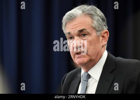 (180321) -- WASHINGTON, March 21, 2018 -- U.S. Federal Reserve Chair Jerome Powell speaks during a news conference in Washington D.C., the United States, on March 21, 2018. The U.S. Federal Reserve on Wednesday raised the benchmark interest rate by 25 basis points and signaled two more rate hikes in 2018, citing strengthened economic outlook in recent months. ) U.S.-WASHINGTON D.C.-FEDERAL RESERVE-INTEREST RATES-RAISING YangxChenglin PUBLICATIONxNOTxINxCHN Stock Photo