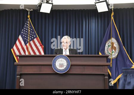 (180321) -- WASHINGTON, March 21, 2018 -- U.S. Federal Reserve Chair Jerome Powell speaks during a news conference in Washington D.C., the United States, on March 21, 2018. The U.S. Federal Reserve on Wednesday raised the benchmark interest rate by 25 basis points, its first rate hike in 2018. ) U.S.-WASHINGTON D.C.-FEDERAL RESERVE-INTEREST RATES-RAISING YangxChenglin PUBLICATIONxNOTxINxCHN Stock Photo