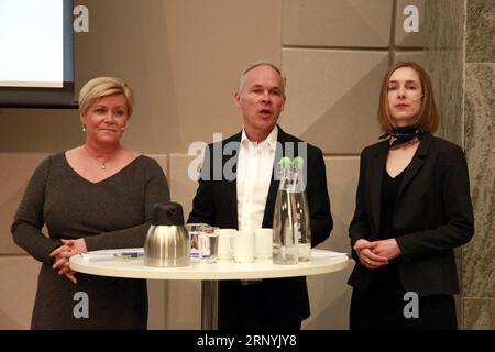 (180324) -- OSLO, March 24, 2018 -- Norwegian Minister of Education and Integration Jan Tore Sanner (C), Minister of Research and Higher Education Iselin Nybo (R) and Minister of Finance Siv Jensen attend a press conference in Olso, Norway, on March 23, 2018. Norway said on Friday it sent a bill to parliament proposing to ban the use of face-covering garments in all kindergartens and educational institutions such as schools, colleges and training centers for newly arrived immigrants. )(axy) NORWAY-OSLO-SCHOOL-FACE-COVERING GARMENTS-BAN-PROPOSAL LiangxYouchang PUBLICATIONxNOTxINxCHN Stock Photo