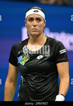 Flushing Meadow, United Stated. 02nd Sep, 2023. Ons Jabeur of Tunisia reacts during the match with Marie Bouzkova of Czech Republic in the third round in Arthur Ashe Stadium at the 2023 US Open Tennis Championships at the USTA Billie Jean King National Tennis Center on Saturday, September 2, 2023 in New York City. Photo by Larry Marano/UPI Credit: UPI/Alamy Live News Stock Photo