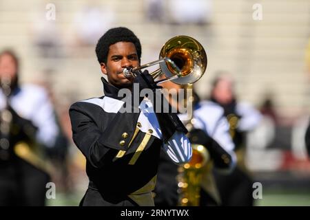College Park, MD, USA. 02nd Sep, 2023. Towson band member plays during the NCAA football game between the Maryland Terrapins and the Towson Tigers at SECU Stadium in College Park, MD. Reggie Hildred/CSM/Alamy Live News Stock Photo