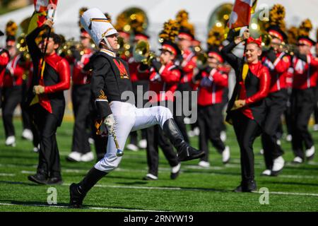 College Park, MD, USA. 02nd Sep, 2023. Maryland Terrapins drum major performs during the NCAA football game between the Maryland Terrapins and the Towson Tigers at SECU Stadium in College Park, MD. Reggie Hildred/CSM/Alamy Live News Stock Photo