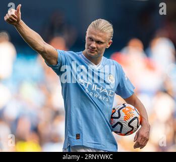 Manchester, UK. 3rd Sep, 2023. Manchester City's Erling Haaland celebrates after the English Premier League match between Manchester City FC and Fulham FC in Manchester, Britain, on Sept. 2, 2023. Credit: Xinhua/Alamy Live News Stock Photo