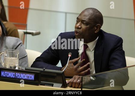 (180409) -- UNITED NATIONS, April 9, 2018 -- Dikembe Mutombo, President of the Dikembe Mutombo Foundation and former NBA All Star basketball player, attends a high-level event on Crime Prevention and Sustainable Development through Sports at the United Nations headquarters in New York, on April 9, 2018. ) UN-HIGH-LEVEL EVENT-CRIME PREVENTION AND SUSTAINABLE DEVELOPMENT THROUGH SPORTS-DIKEMBE MUTOMBO LixMuzi PUBLICATIONxNOTxINxCHN Stock Photo