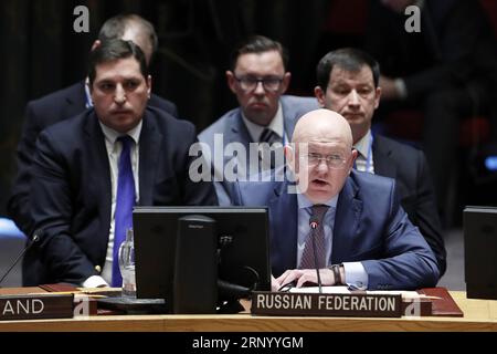 (180409) -- UNITED NATIONS, April 9, 2018 -- Russian Ambassador to the United Nations Vassily Nebenzia (front), addresses the UN Security Council meeting on the situation in Syria at the UN headquarters in New York, April 9, 2018. The Security Council held an emergency session on the situation in Syria, particularly after reports of the use of chemical weapons over the weekend in rebel-held Douma near the capital city of Damascus. ) UN-SECURITY COUNCIL-EMERGENCY SESSION-SYRIA LixMuzi PUBLICATIONxNOTxINxCHN Stock Photo